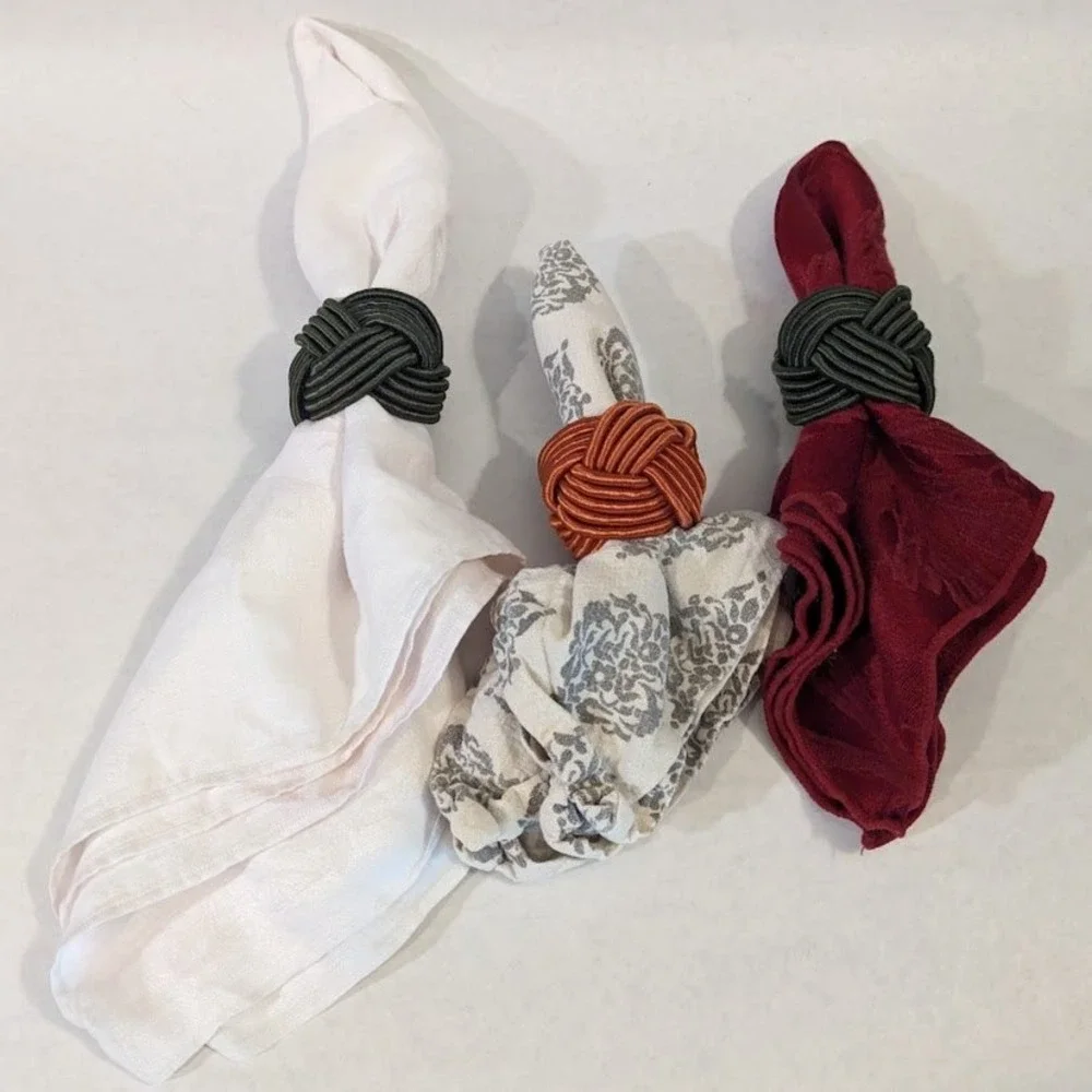 8pc Williams Sonoma Woven Knot Napkin Rings Green Orange Satin Cord Turk's Head